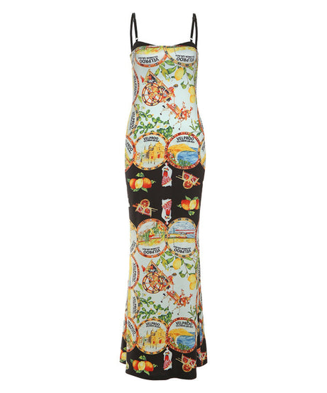 Vibrant Mediterranean Print Backless Maxi Dress - Cami Resort Style