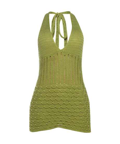 Chic Lime Green Knit Halter Mini Dress - Fall Party & Getaway Essential