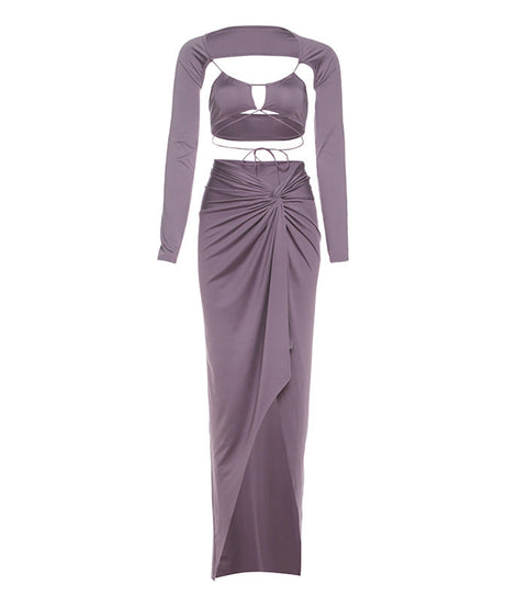 Elevated Fall Glamour: Two-Piece Ruched Slit Maxi Skirt & Cutout Bolero Set