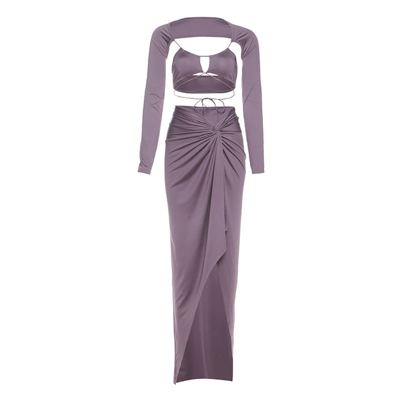 Elevated Fall Glamour: Two-Piece Ruched Slit Maxi Skirt & Cutout Bolero Set