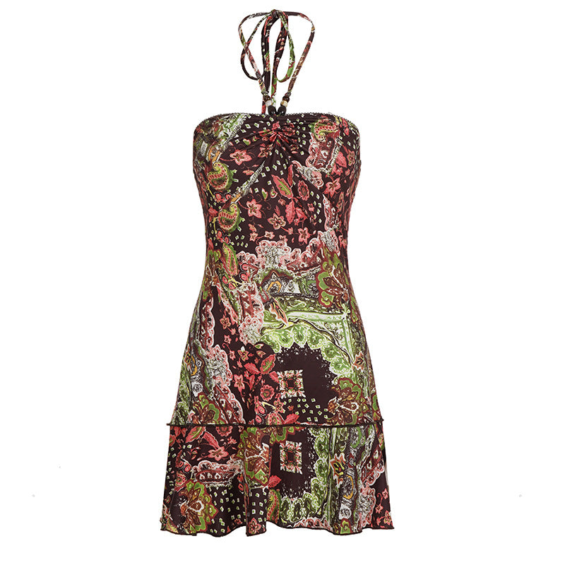 Vibrant Paisley Beaded Halter Mini Dress – Chic Fall Style & Party Ready