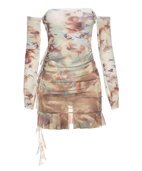 Heavenly Cherub Print Mesh Mini Dress - Off-Shoulder Ruched Bodycon for Fall Nights Out