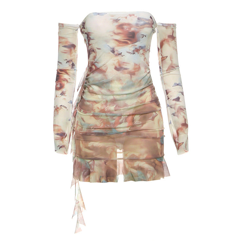 Heavenly Cherub Print Mesh Mini Dress - Off-Shoulder Ruched Bodycon for Fall Nights Out