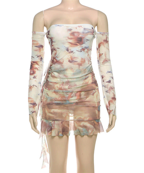 Heavenly Cherub Print Mesh Mini Dress - Off-Shoulder Ruched Bodycon for Fall Nights Out