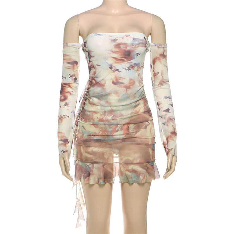 Heavenly Cherub Print Mesh Mini Dress - Off-Shoulder Ruched Bodycon for Fall Nights Out