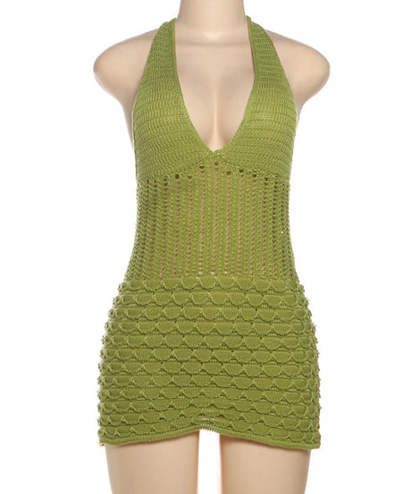 Chic Lime Green Knit Halter Mini Dress - Fall Party & Getaway Essential