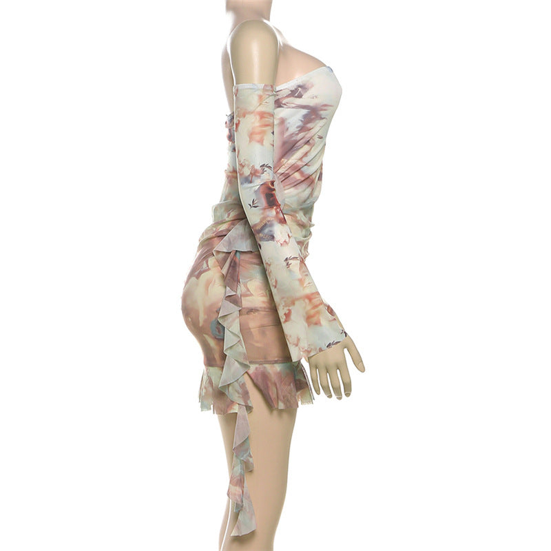 Heavenly Cherub Print Mesh Mini Dress - Off-Shoulder Ruched Bodycon for Fall Nights Out