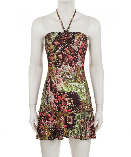 Vibrant Paisley Beaded Halter Mini Dress – Chic Fall Style & Party Ready