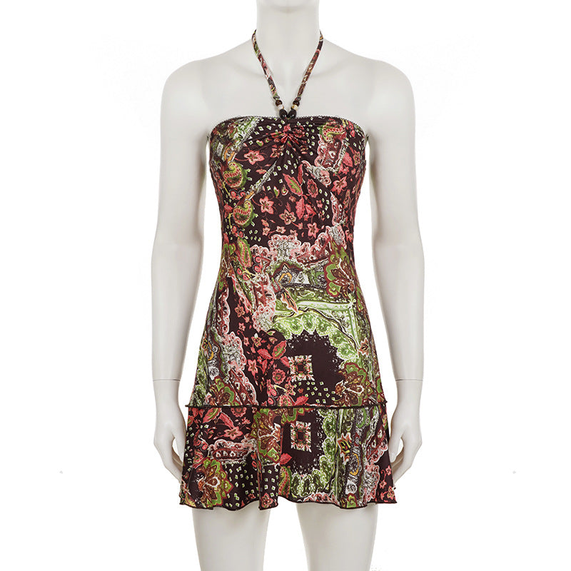 Vibrant Paisley Beaded Halter Mini Dress – Chic Fall Style & Party Ready