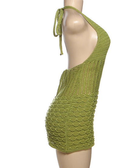 Chic Lime Green Knit Halter Mini Dress - Fall Party & Getaway Essential