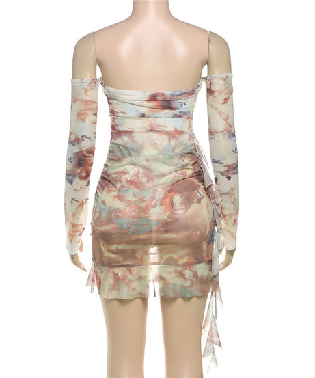 Heavenly Cherub Print Mesh Mini Dress - Off-Shoulder Ruched Bodycon for Fall Nights Out