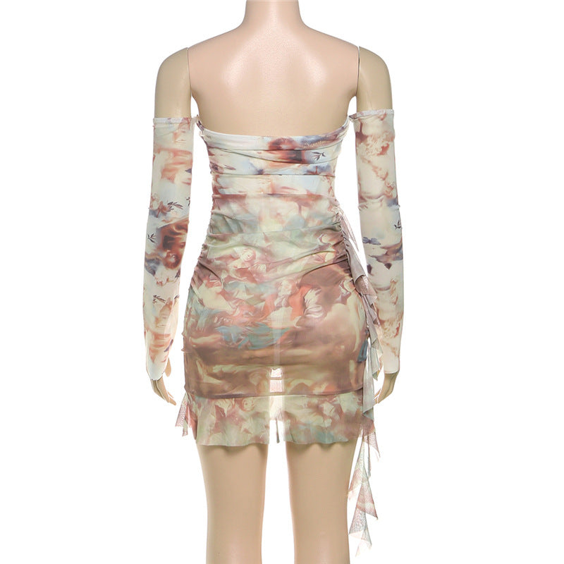 Heavenly Cherub Print Mesh Mini Dress - Off-Shoulder Ruched Bodycon for Fall Nights Out