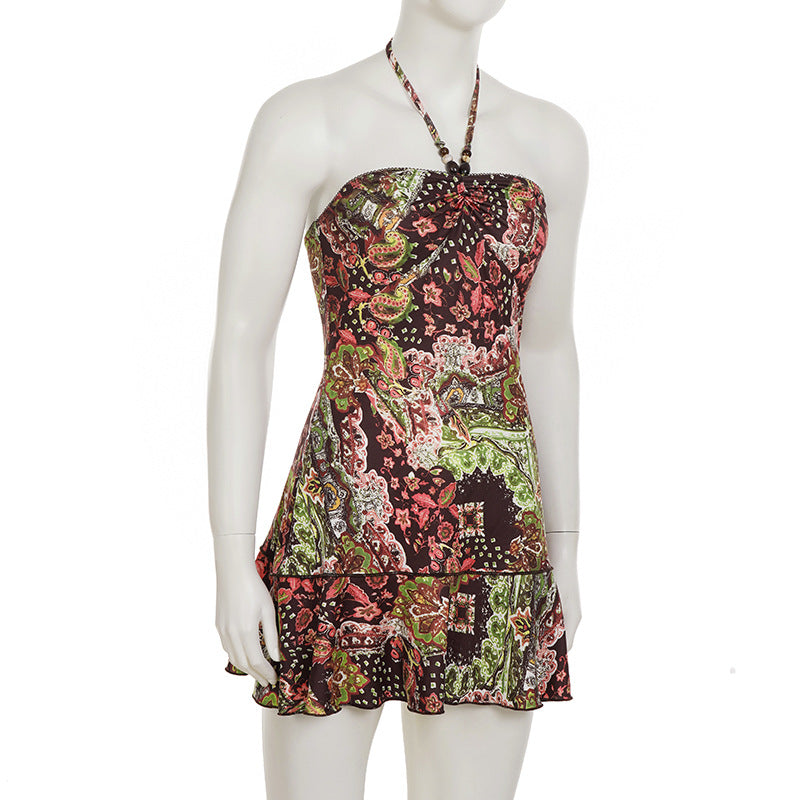 Vibrant Paisley Beaded Halter Mini Dress – Chic Fall Style & Party Ready