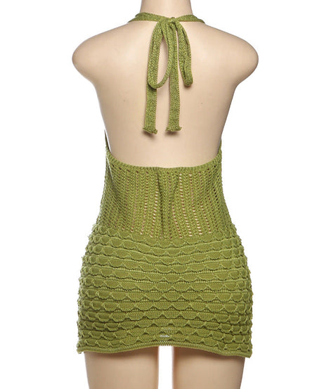 Chic Lime Green Knit Halter Mini Dress - Fall Party & Getaway Essential
