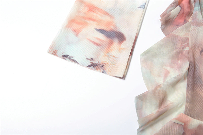 Heavenly Cherub Print Mesh Mini Dress - Off-Shoulder Ruched Bodycon for Fall Nights Out