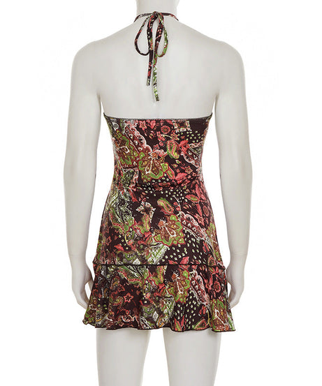 Vibrant Paisley Beaded Halter Mini Dress – Chic Fall Style & Party Ready