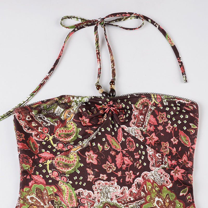 Vibrant Paisley Beaded Halter Mini Dress – Chic Fall Style & Party Ready