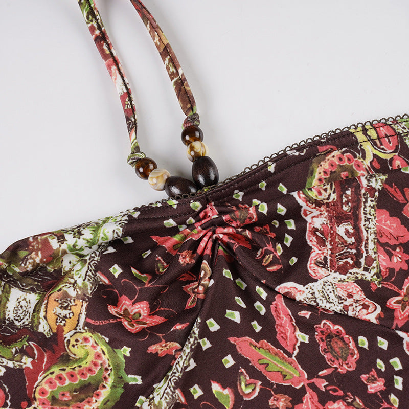 Vibrant Paisley Beaded Halter Mini Dress – Chic Fall Style & Party Ready