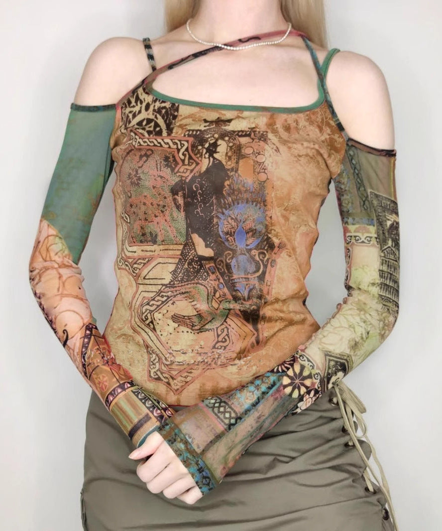 Mystic Tapestry Mesh Off-Shoulder Long Sleeve Top - Fall 2025 Essential