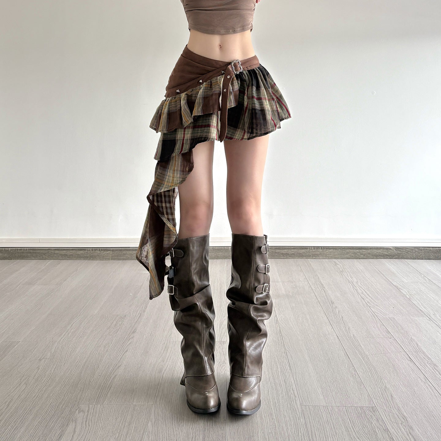 Fall Ready! Edgy Asymmetrical Plaid Mini Skirt with Ruffle & Buckle Detail
