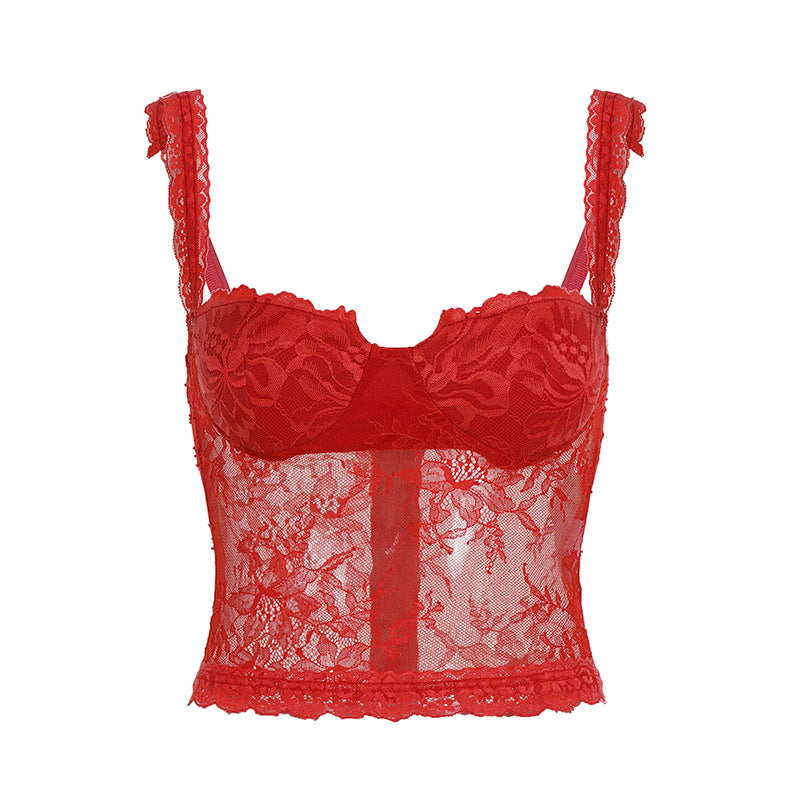 Alluring Red Lace Bustier Cami Top - V-Neck, Backless for Fall & Holiday Glam