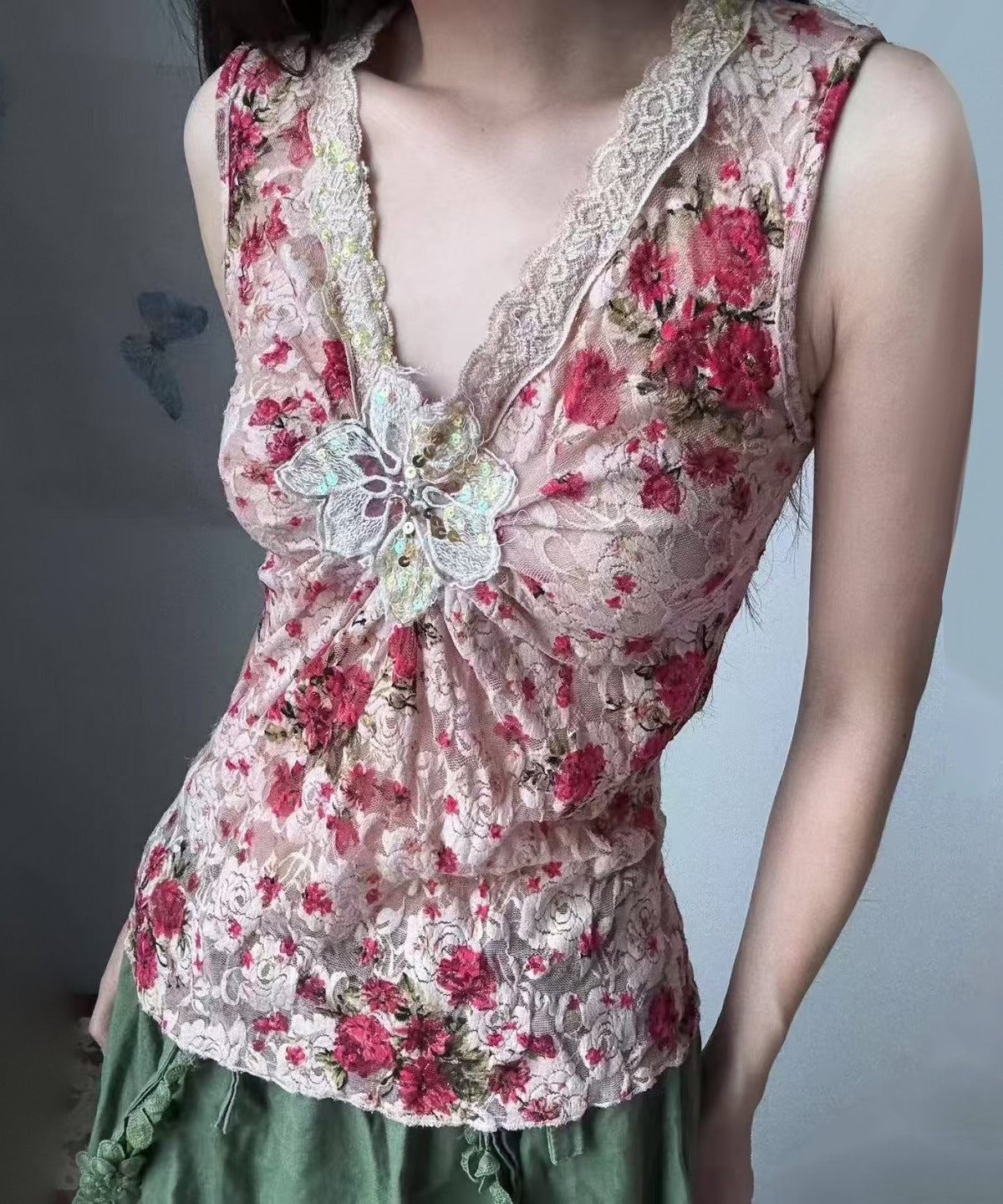 Enchanted Bloom Ruched Lace V-Neck Top – Effortless Fall Femininity & Layering Chic