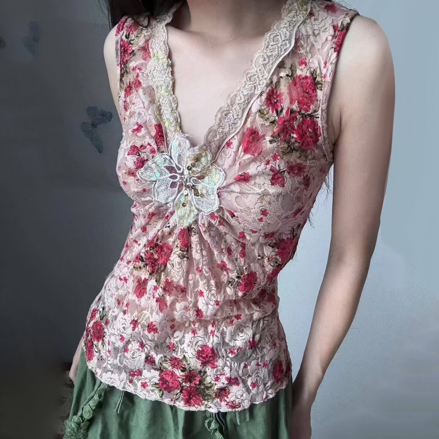 Enchanted Bloom Ruched Lace V-Neck Top – Effortless Fall Femininity & Layering Chic