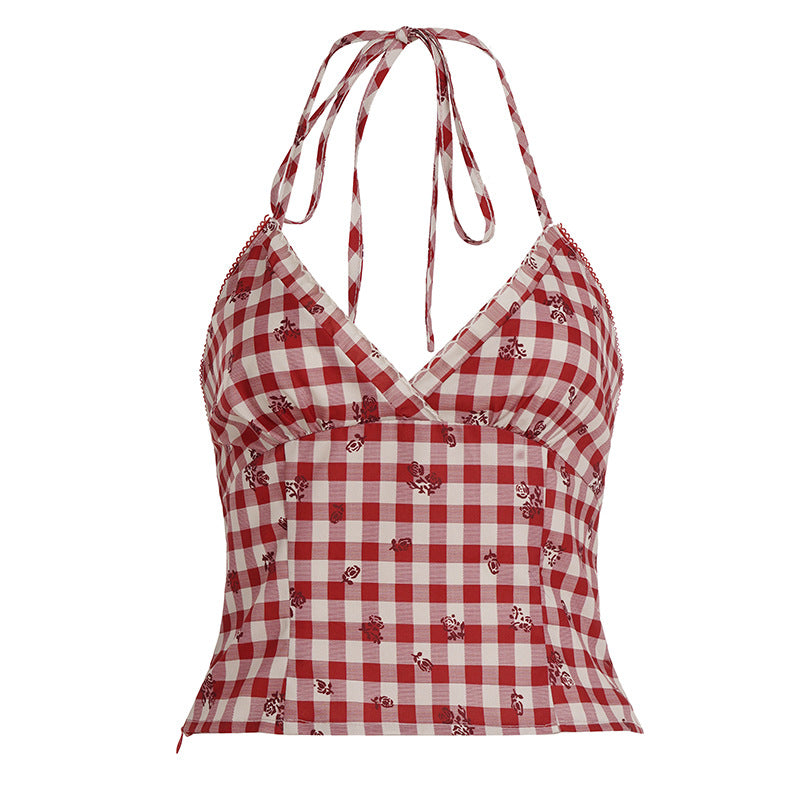 Sweetheart Red Gingham Floral Halter Top - Adjustable Tie-Back Cami for Effortless Style