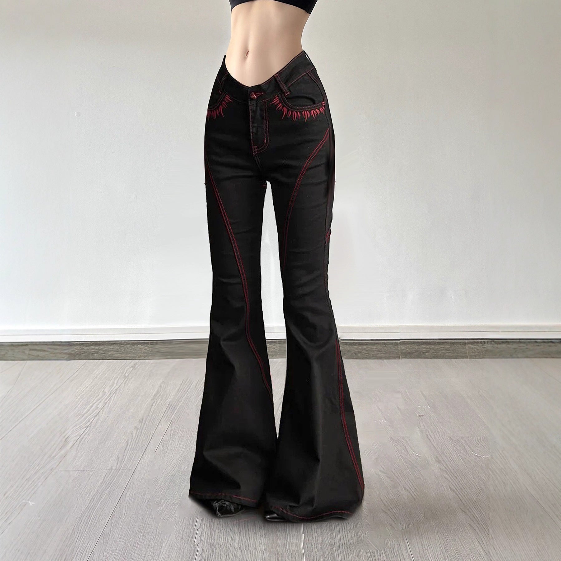 Bewitching Black & Red Flare Jeans | Y2K Low-Rise Denim for Edgy Fall Style