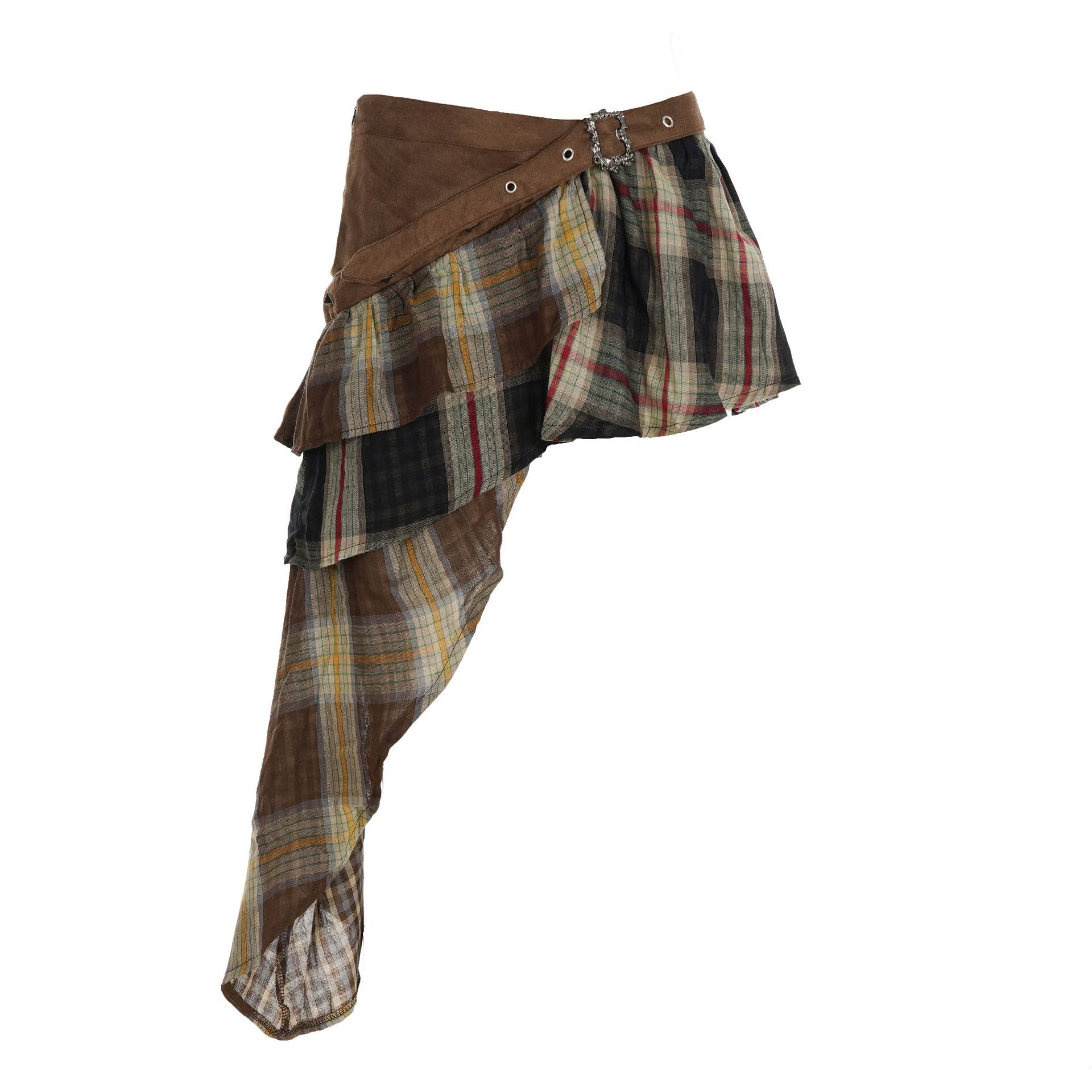 Fall Ready! Edgy Asymmetrical Plaid Mini Skirt with Ruffle & Buckle Detail