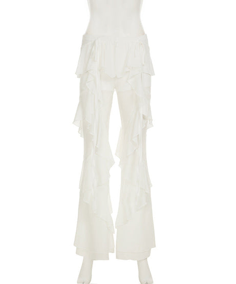 Ethereal Ruffle Flare Pants - Dreamy White Wide-Leg Trousers for Elevated Style