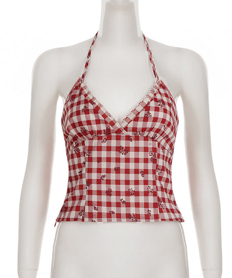 Sweetheart Red Gingham Floral Halter Top - Adjustable Tie-Back Cami for Effortless Style