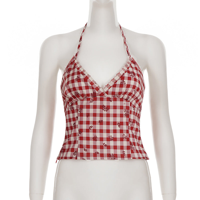 Sweetheart Red Gingham Floral Halter Top - Adjustable Tie-Back Cami for Effortless Style