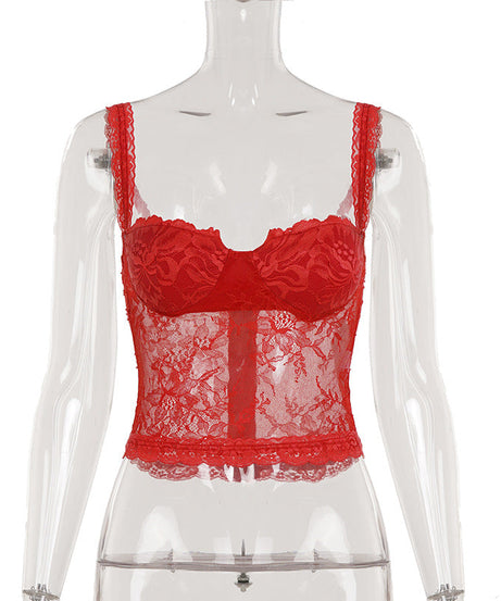 Alluring Red Lace Bustier Cami Top - V-Neck, Backless for Fall & Holiday Glam