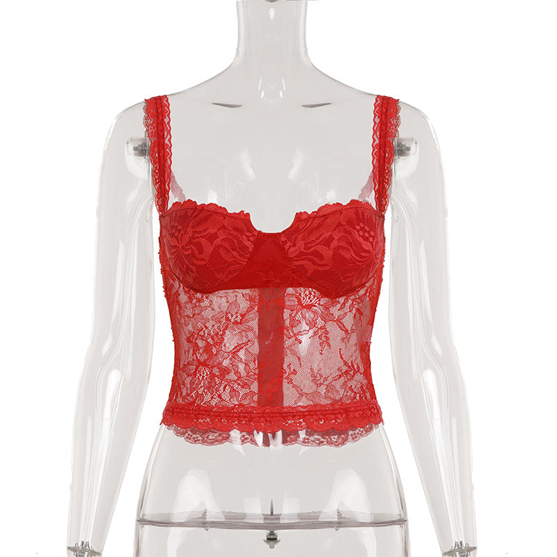 Alluring Red Lace Bustier Cami Top - V-Neck, Backless for Fall & Holiday Glam