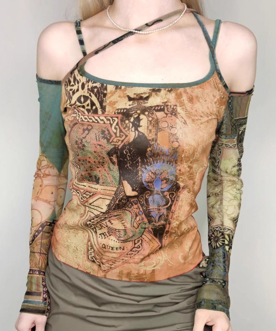 Mystic Tapestry Mesh Off-Shoulder Long Sleeve Top - Fall 2025 Essential