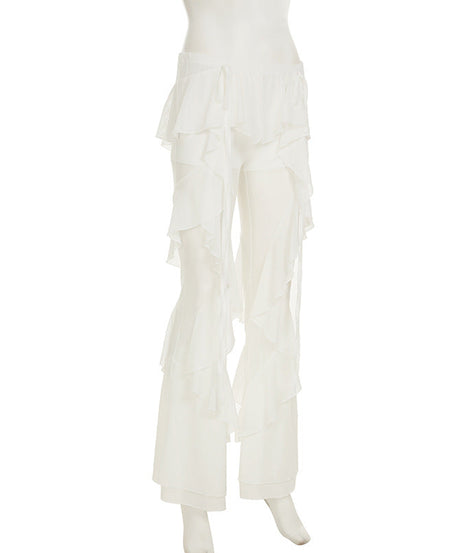 Ethereal Ruffle Flare Pants - Dreamy White Wide-Leg Trousers for Elevated Style