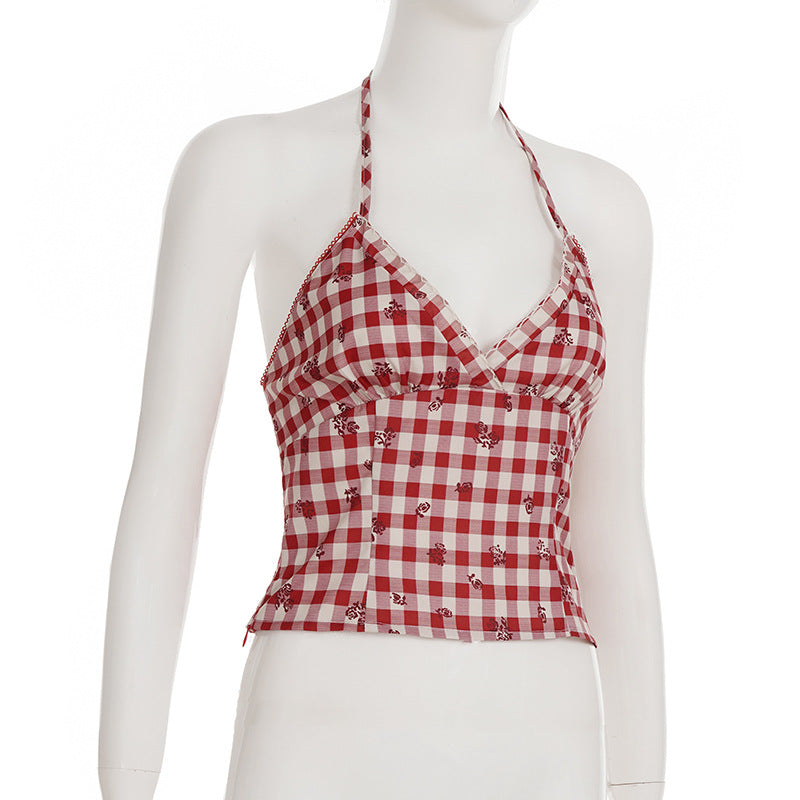 Sweetheart Red Gingham Floral Halter Top - Adjustable Tie-Back Cami for Effortless Style