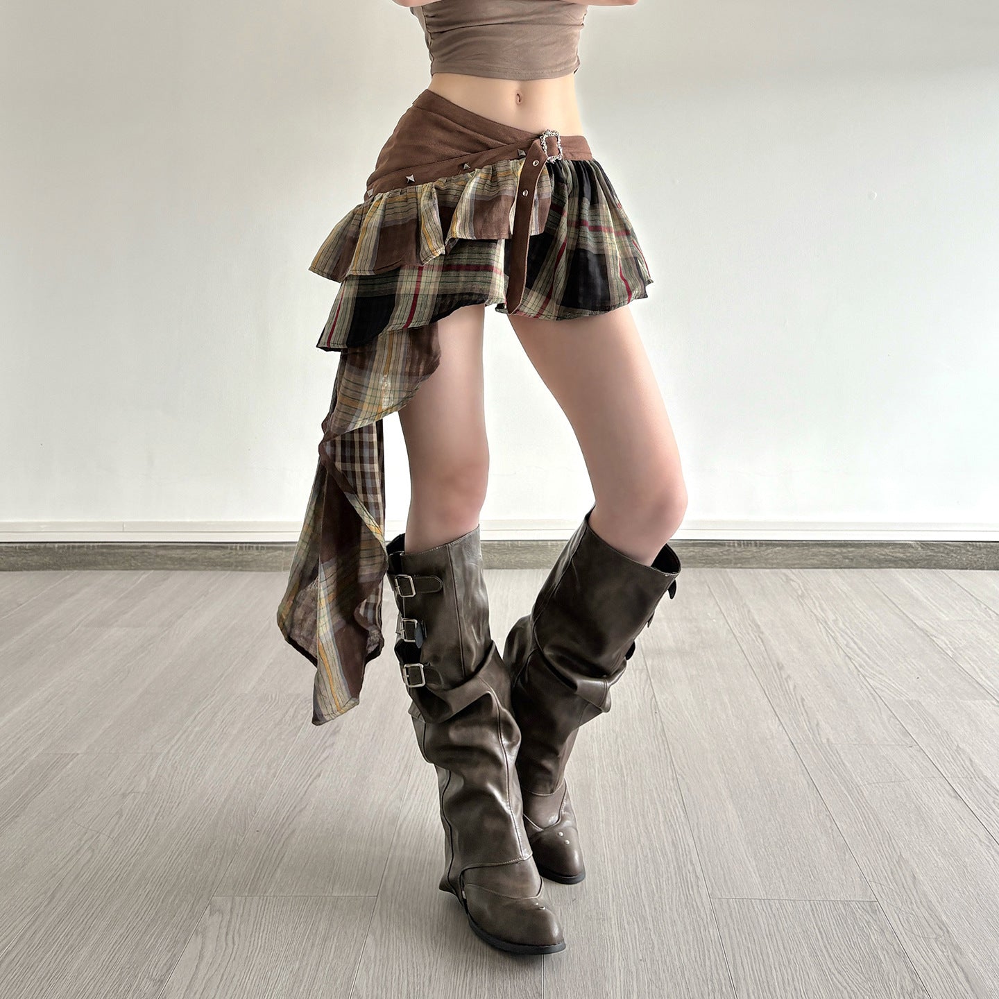 Fall Ready! Edgy Asymmetrical Plaid Mini Skirt with Ruffle & Buckle Detail