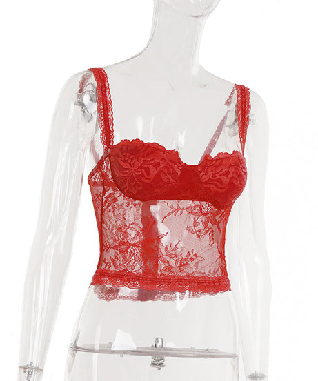 Alluring Red Lace Bustier Cami Top - V-Neck, Backless for Fall & Holiday Glam