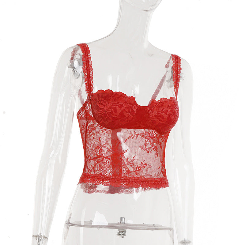 Alluring Red Lace Bustier Cami Top - V-Neck, Backless for Fall & Holiday Glam