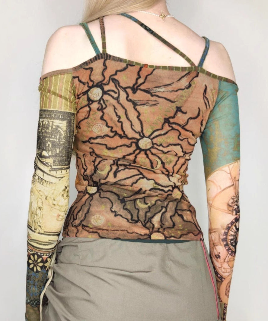 Mystic Tapestry Mesh Off-Shoulder Long Sleeve Top - Fall 2025 Essential