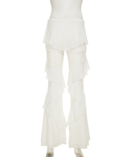 Ethereal Ruffle Flare Pants - Dreamy White Wide-Leg Trousers for Elevated Style