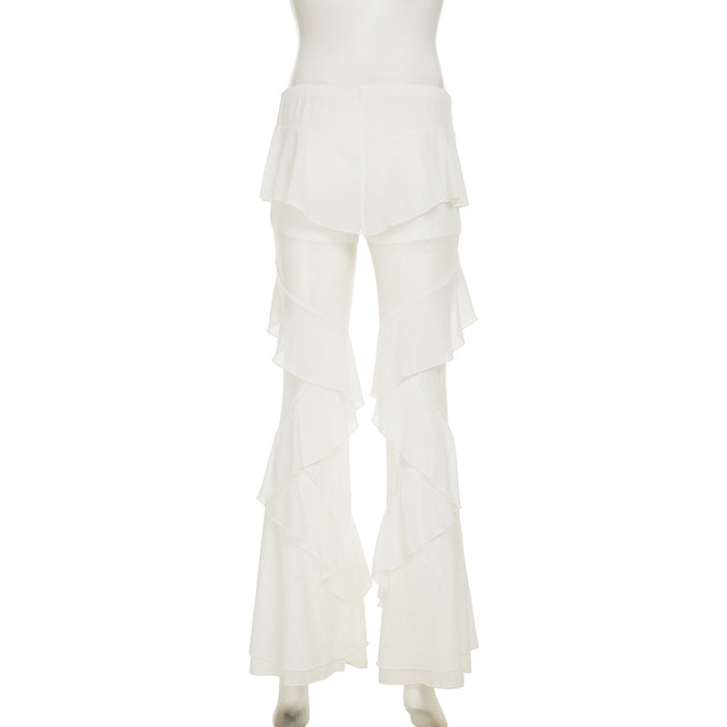 Ethereal Ruffle Flare Pants - Dreamy White Wide-Leg Trousers for Elevated Style