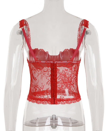 Alluring Red Lace Bustier Cami Top - V-Neck, Backless for Fall & Holiday Glam