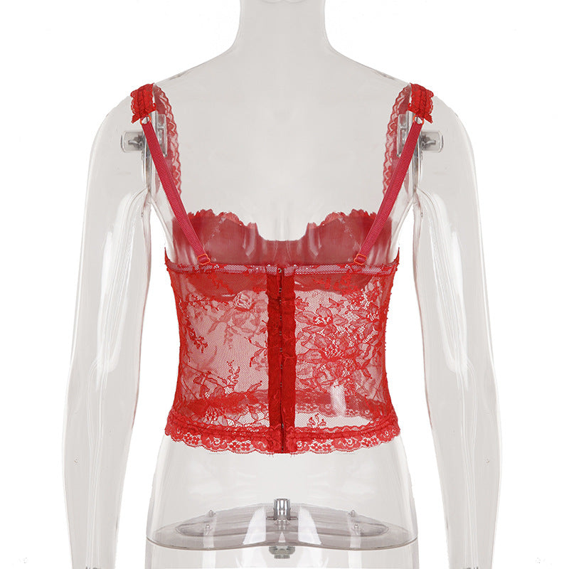 Alluring Red Lace Bustier Cami Top - V-Neck, Backless for Fall & Holiday Glam