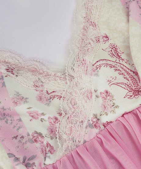 Dreamy Pink Floral Babydoll Nightie | Soft Lace Trim Loungewear Dress for Cozy Fall Evenings