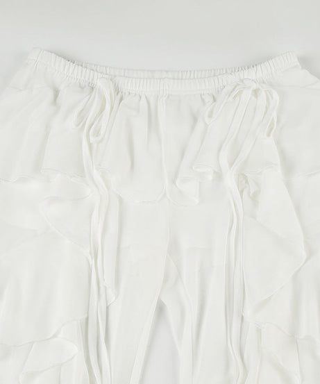 Ethereal Ruffle Flare Pants - Dreamy White Wide-Leg Trousers for Elevated Style