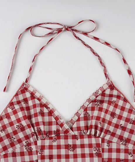 Sweetheart Red Gingham Floral Halter Top - Adjustable Tie-Back Cami for Effortless Style