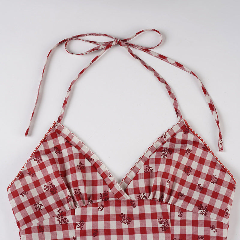 Sweetheart Red Gingham Floral Halter Top - Adjustable Tie-Back Cami for Effortless Style